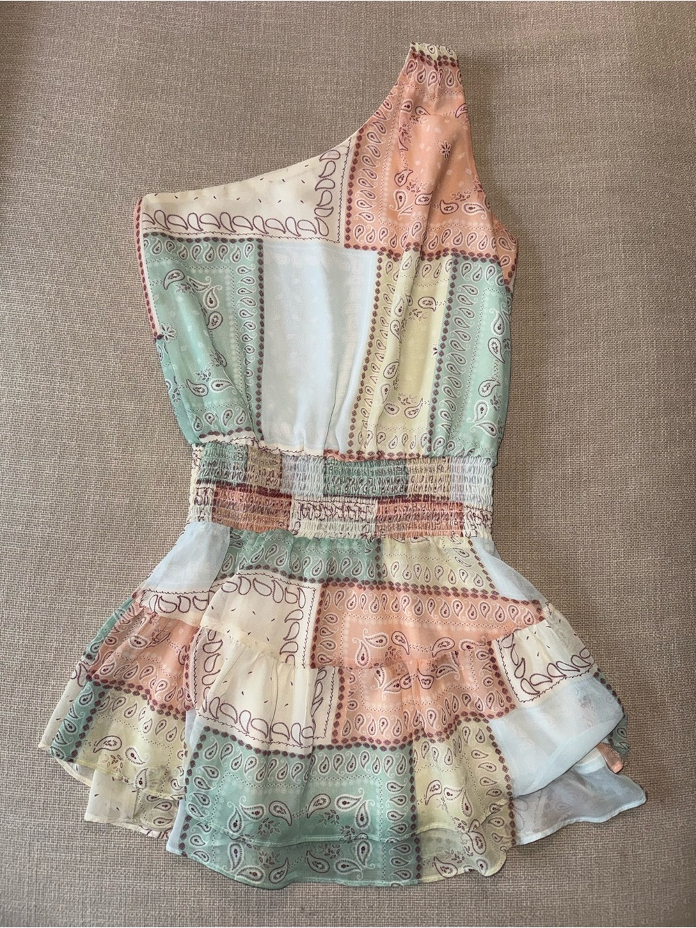 One-Shoulder Pastel Patchwork Bandana Print Women Dress